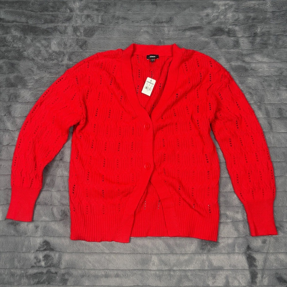 Express Womens Red Cable Knit Pointelle Button Front Cardigan Sweater Small NEW